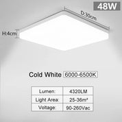 Square LED Ceiling Light, 4320lm, 6000K Daylight White, IP44 Waterproof, Energy-Saving Light for Bathroom, Kitchen, Bedroom, Office