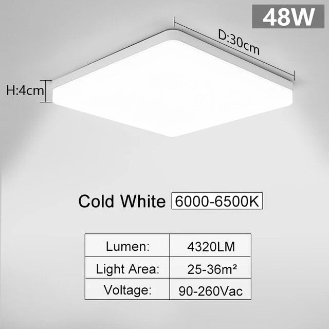 Square LED Ceiling Light, 4320lm, 6000K Daylight White, IP44 Waterproof, Energy-Saving Light for Bathroom, Kitchen, Bedroom, Office