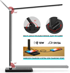 Dimmable LED Desk Lamp with Wireless Charging & USB Port - Modern Task Lamp for Home & Office