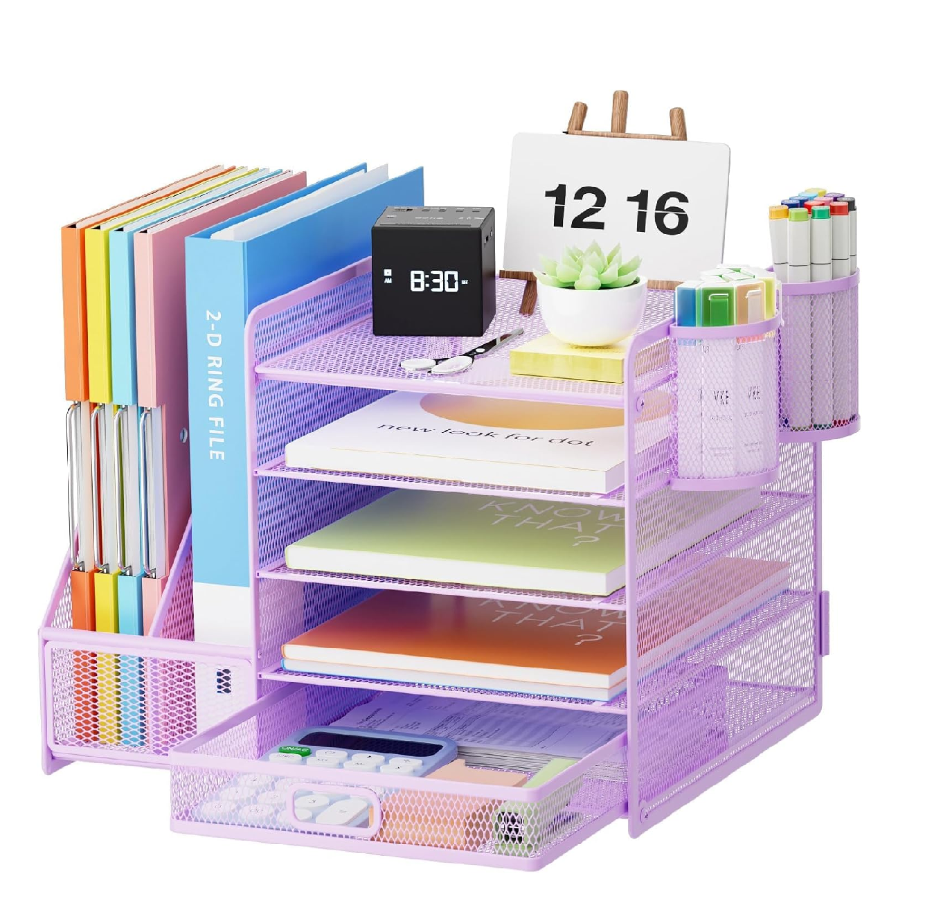 5-Tier Mesh Desk Organiser with Drawer & Pen Holders – File & Paper Tray Storage, Black