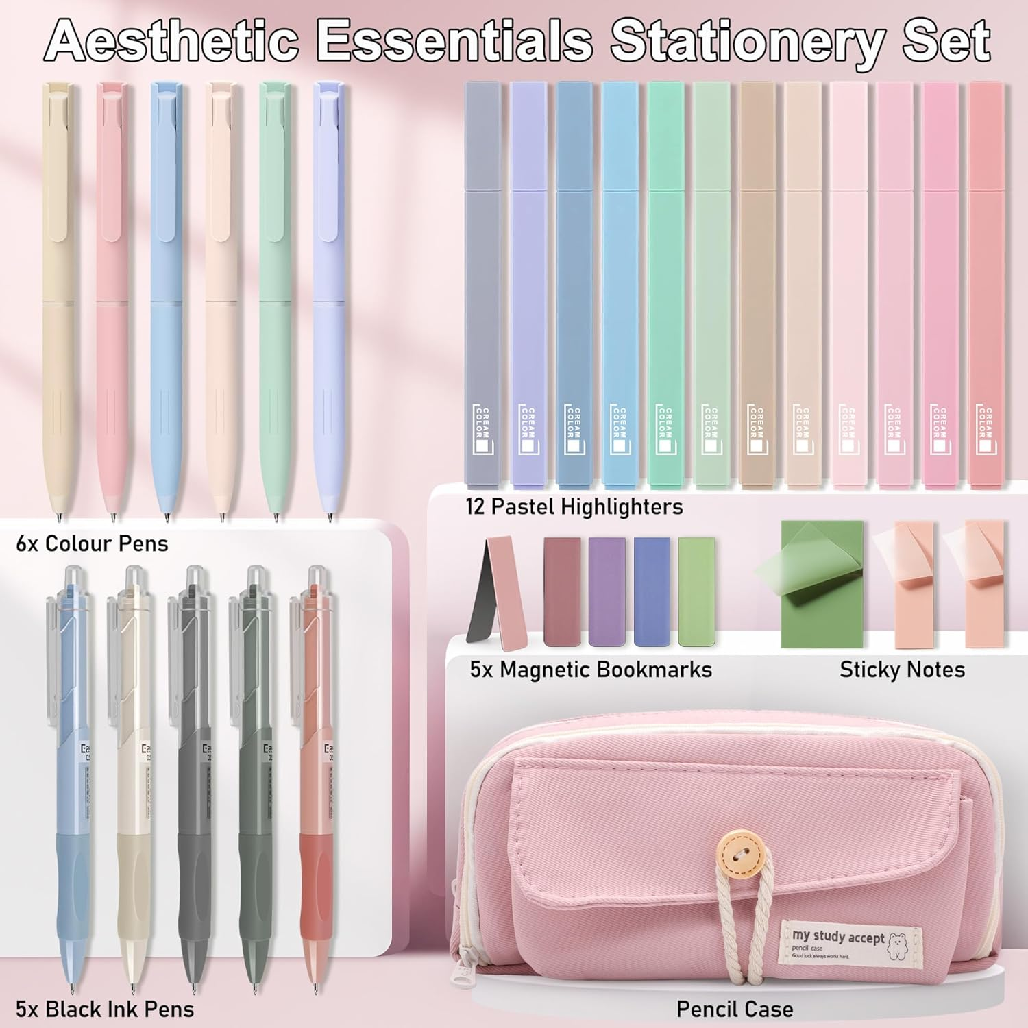 Aesthetic Stationery Set with Pink Case – 12 Pastel Highlighters, Pens & Notes