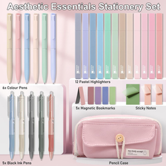 Aesthetic Stationery Set with Pink Case – 12 Pastel Highlighters, Pens & Notes