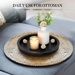 Hanobe Rustic Round Wooden Serving Tray – Vintage Farmhouse Ottoman & Coffee Table Centerpiece (Black)