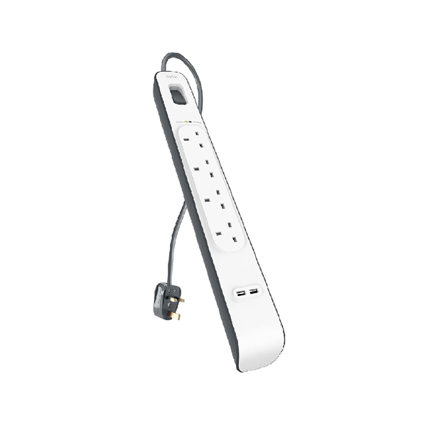 4 Way Extension Lead with 2 USB Ports 2.4A – 2M Surge Protected Power Strip, White