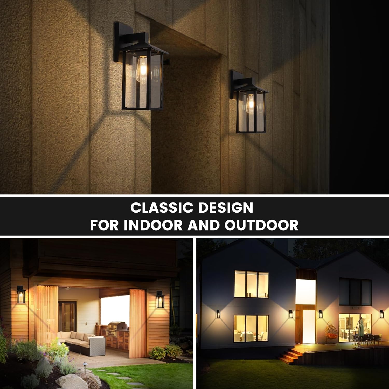 Outdoor Wall Lantern – Black Exterior Light Fixture with Glass Shade (1 Pack)