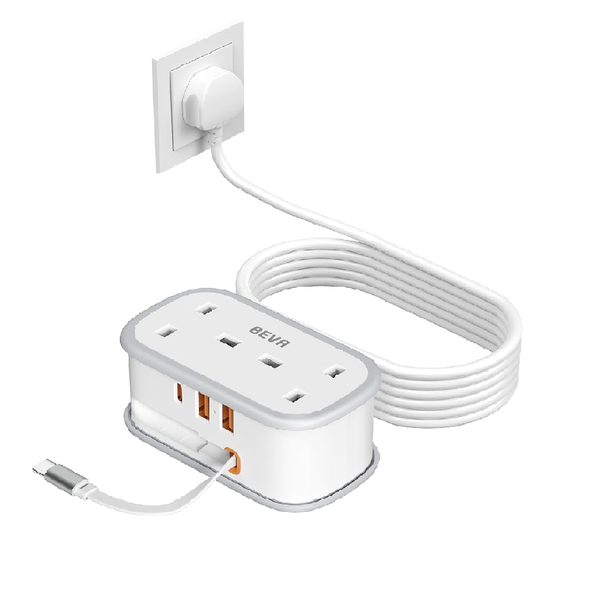 2-Way Extension Lead with 3 USB Ports & Retractable USB-C Cable, 1.5M Power Strip