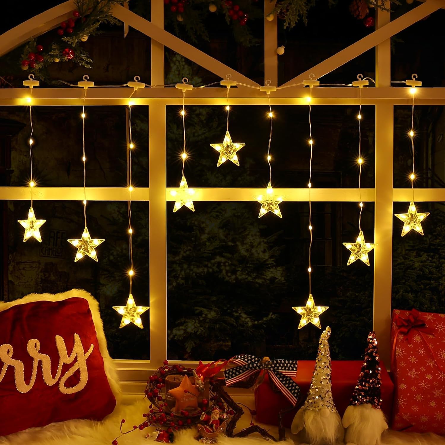 Christmas Window Star Lights, 30 LEDs Battery String Lights with Timer