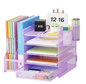 5-Tier Mesh Desk Organiser with Drawer & Pen Holders – File & Paper Tray Storage, Black