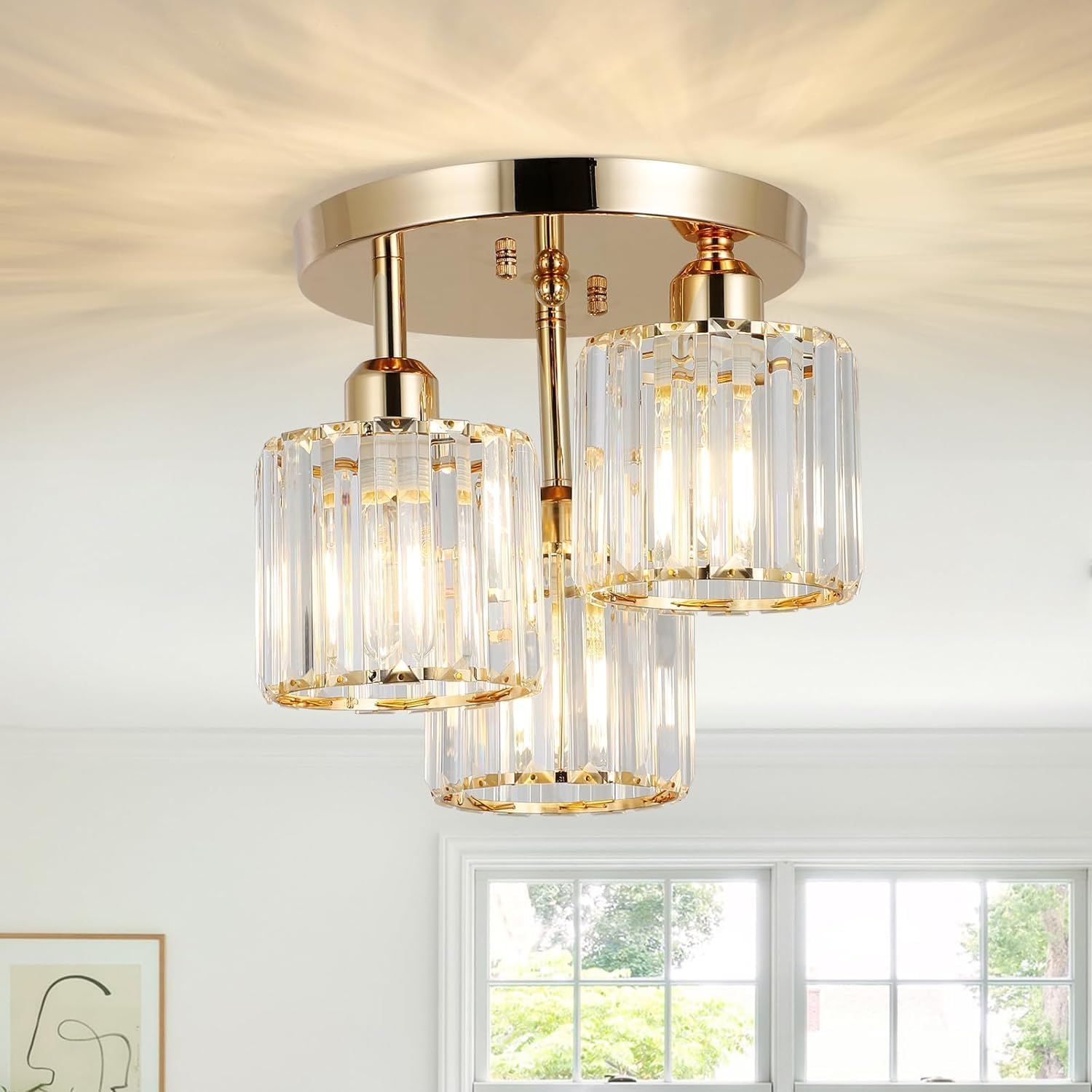 Modern Crystal Chandeliers Ceiling Light, 3-Lights Crystal Ceiling Lights Living Room, Black Semi Flush Ceilings Light Fittings for Hallway
