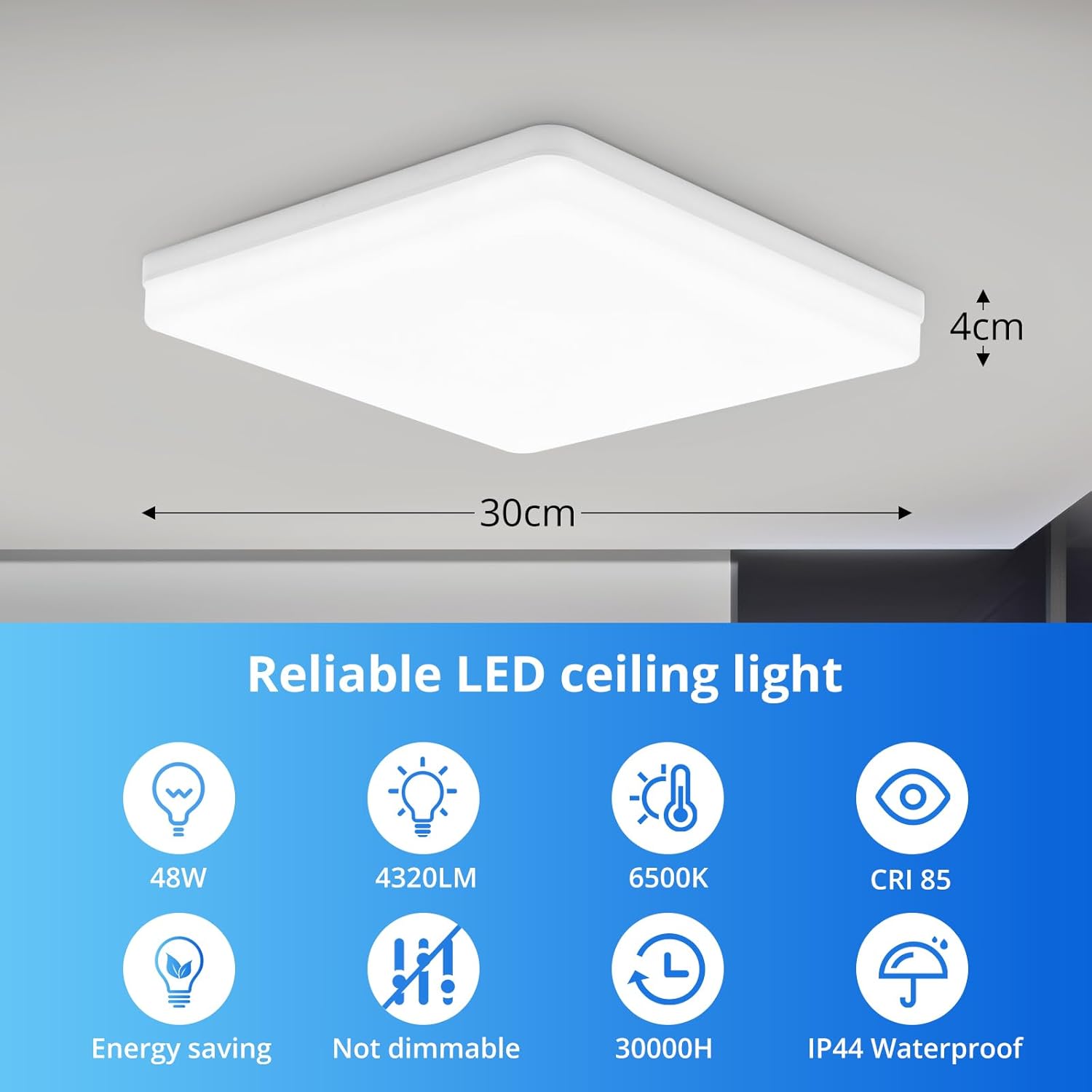 Square LED Ceiling Light, 4320lm, 6000K Daylight White, IP44 Waterproof, Energy-Saving Light for Bathroom, Kitchen, Bedroom, Office