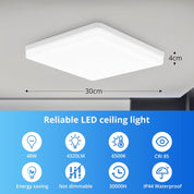Square LED Ceiling Light, 4320lm, 6000K Daylight White, IP44 Waterproof, Energy-Saving Light for Bathroom, Kitchen, Bedroom, Office