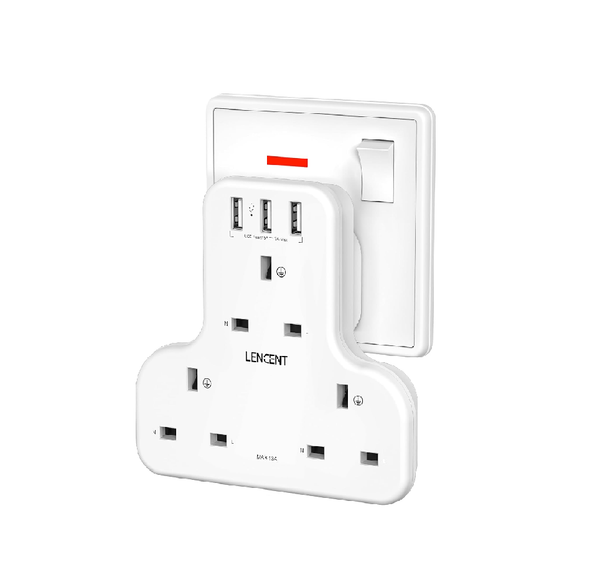 3-Way Multi Plug Extension Socket with 3 USB Ports, 13A 3250W Power Adapter
