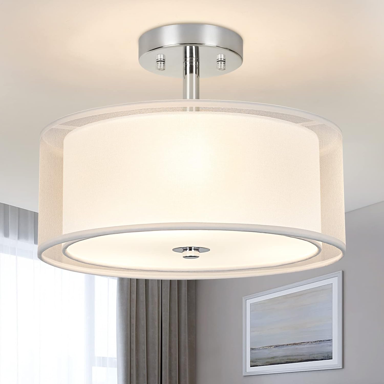 Modern Silver Drum Ceiling Light – 3-Bulb Semi Flush Mount Fixture