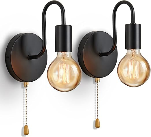 Vintage Industrial Wall Lamp Set with Pull Cord Switch