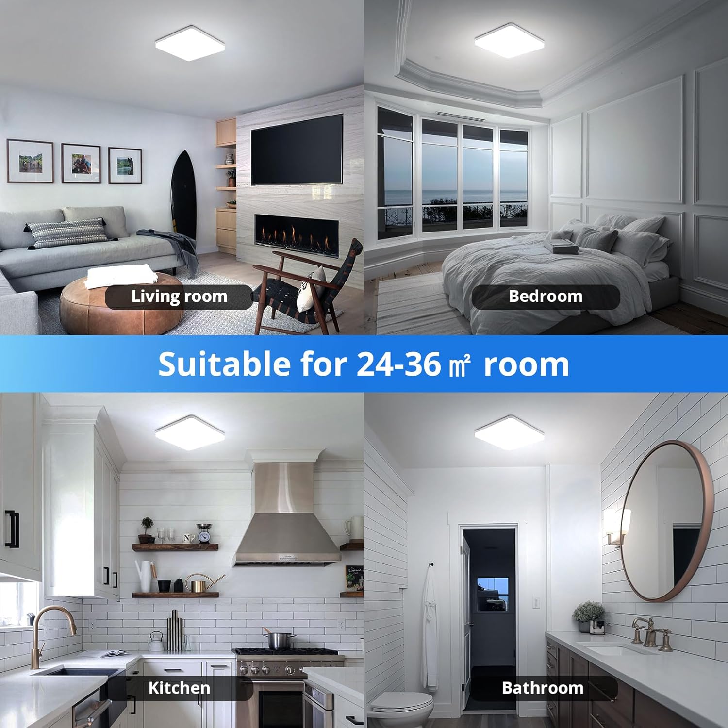 Square LED Ceiling Light, 4320lm, 6000K Daylight White, IP44 Waterproof, Energy-Saving Light for Bathroom, Kitchen, Bedroom, Office