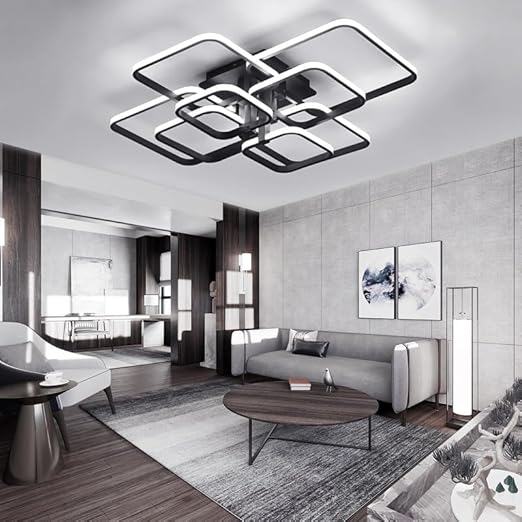 LED Ceiling Light with Remote – 4 Square Black Modern Chandelier