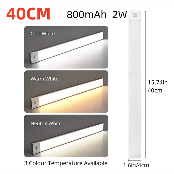 40~80CM LED PIR Motion Sensor Strip Light USB Rechargeable Cabinet Closet Lamp