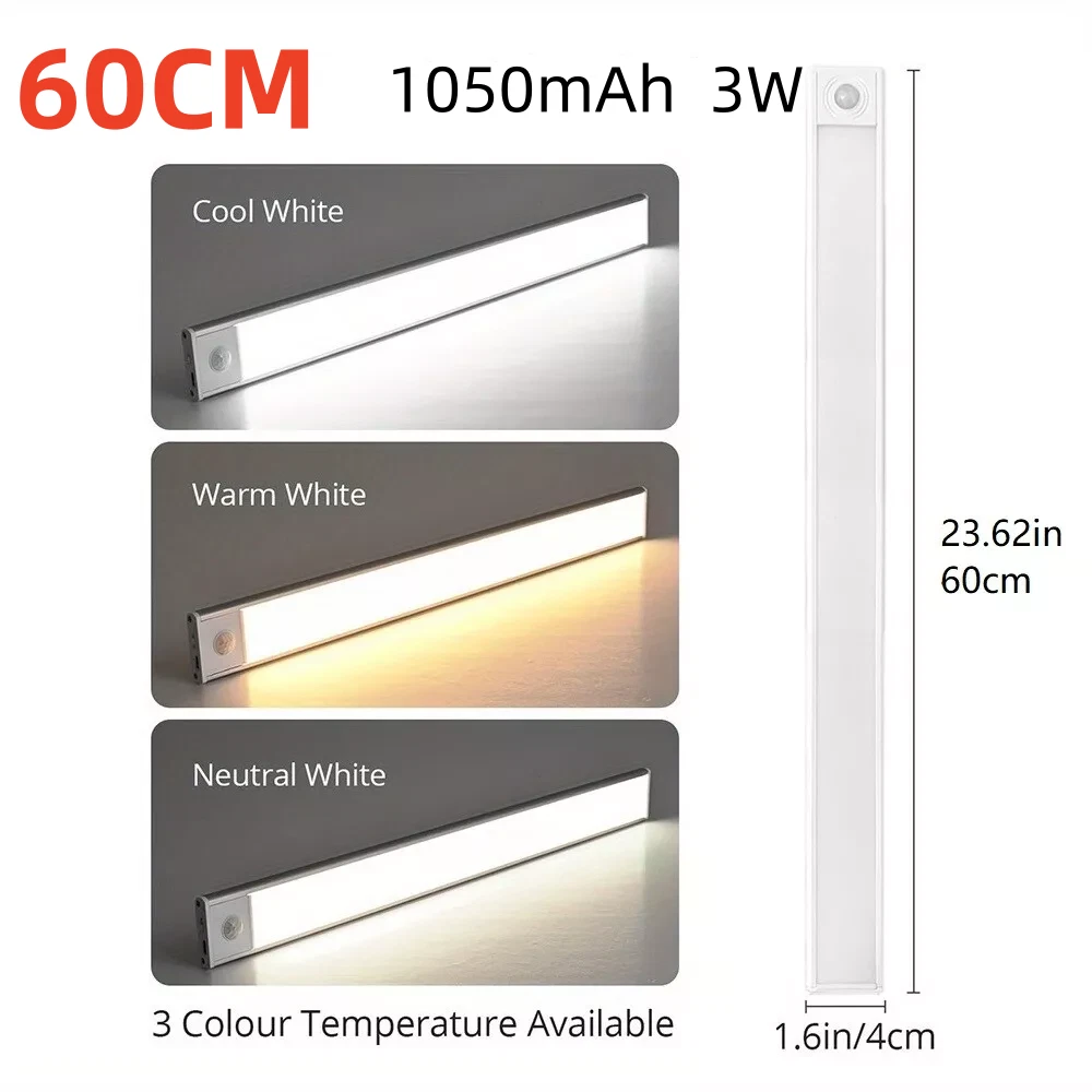 40~80CM LED PIR Motion Sensor Strip Light USB Rechargeable Cabinet Closet Lamp