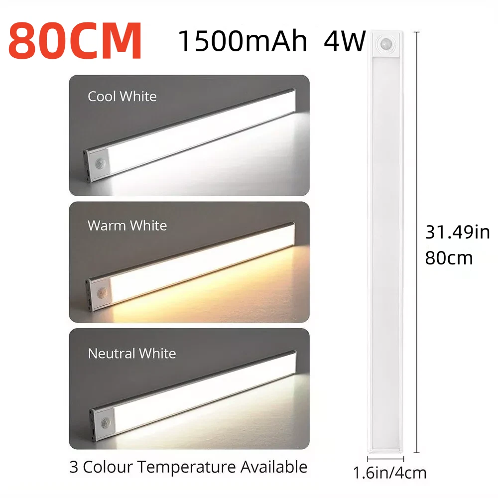 40~80CM LED PIR Motion Sensor Strip Light USB Rechargeable Cabinet Closet Lamp