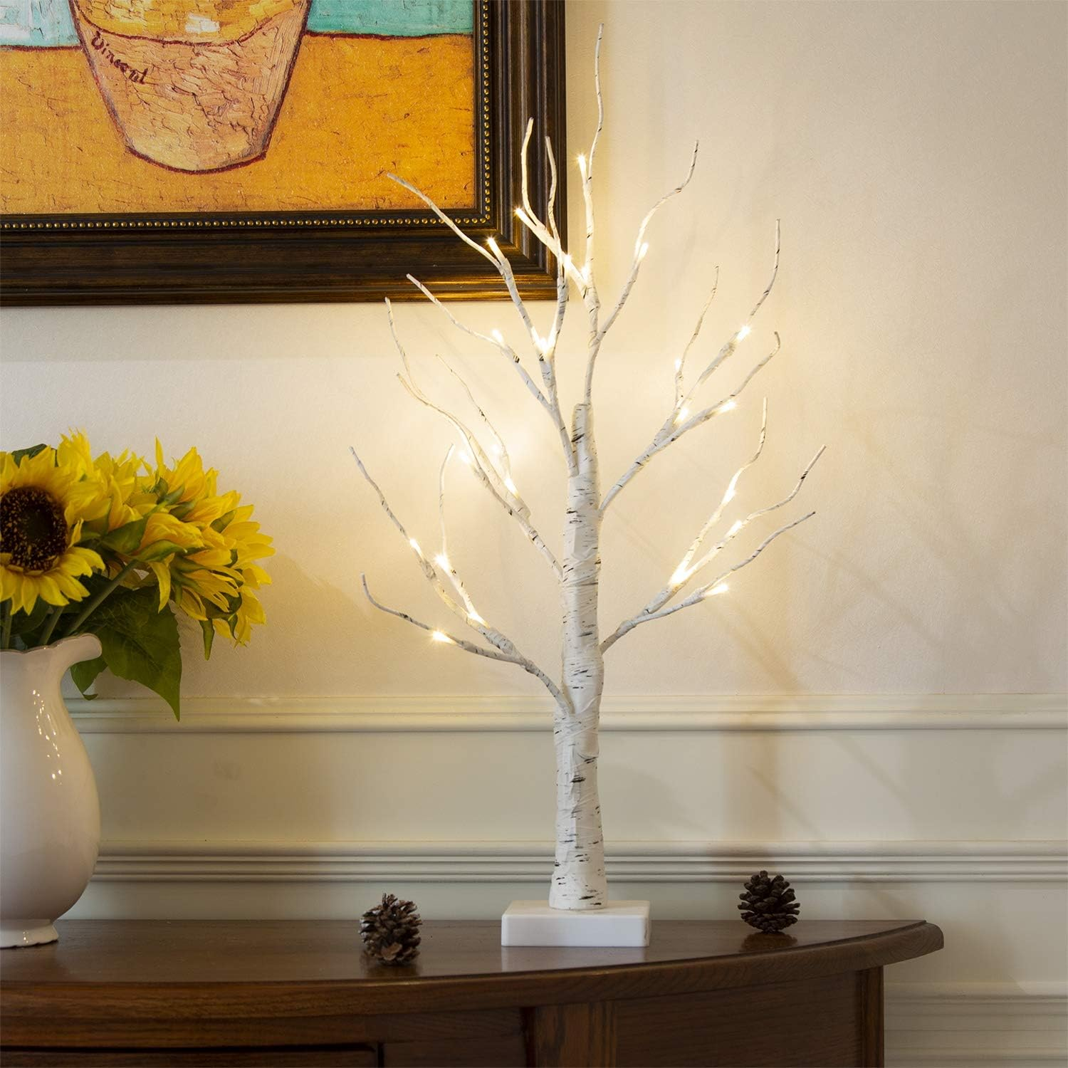 EAMBRITE 60cm White Birch Twig Christmas Tree with 24 LED Lights – Battery Tabletop Décor
