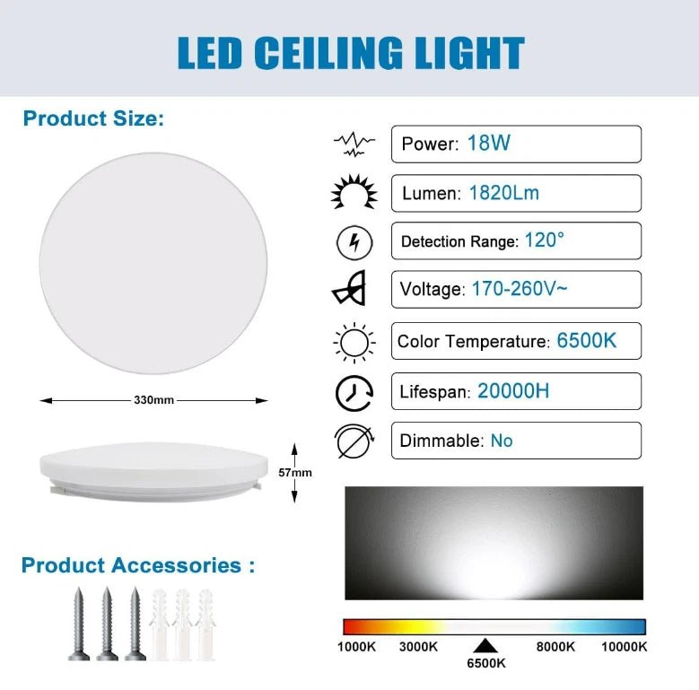 Modern Round LED Ceiling Light – 12W/18W, Waterproof, 6500K