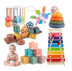 Aliex 6-in-1 Montessori Baby Toy – Stacking Rings, Blocks, Shape Sorter & Xylophone, 12+ Months