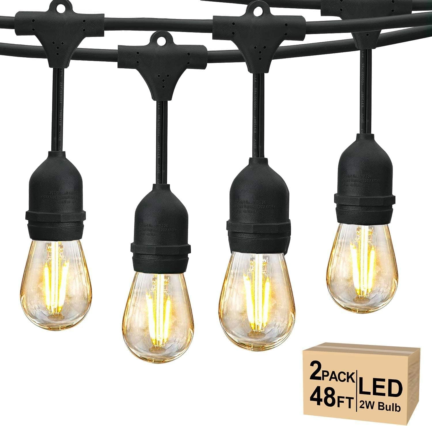 48FT Outdoor LED String Lights, S14 Festoon Lights with 15 E27 Sockets, IP65 Waterproof, 2700K Warm White for Garden, Patio, Party