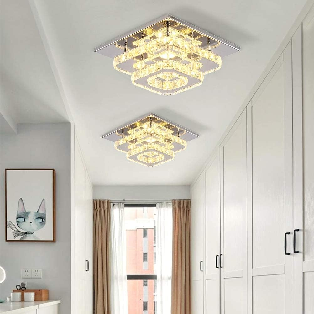 Crystal LED Ceiling Light – Modern K9 Crystal Chandelier, Stainless Steel Flush Mount Fixture for Dining & Living Room