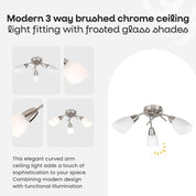 Modern 3-Way Chrome Ceiling Light with Frosted Glass Shades
