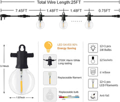 Festoon Lights with G45 LED Filament Bulbs, E12 Base, 7.5m String, 25 Bulbs, 20W, 3000K Warm White