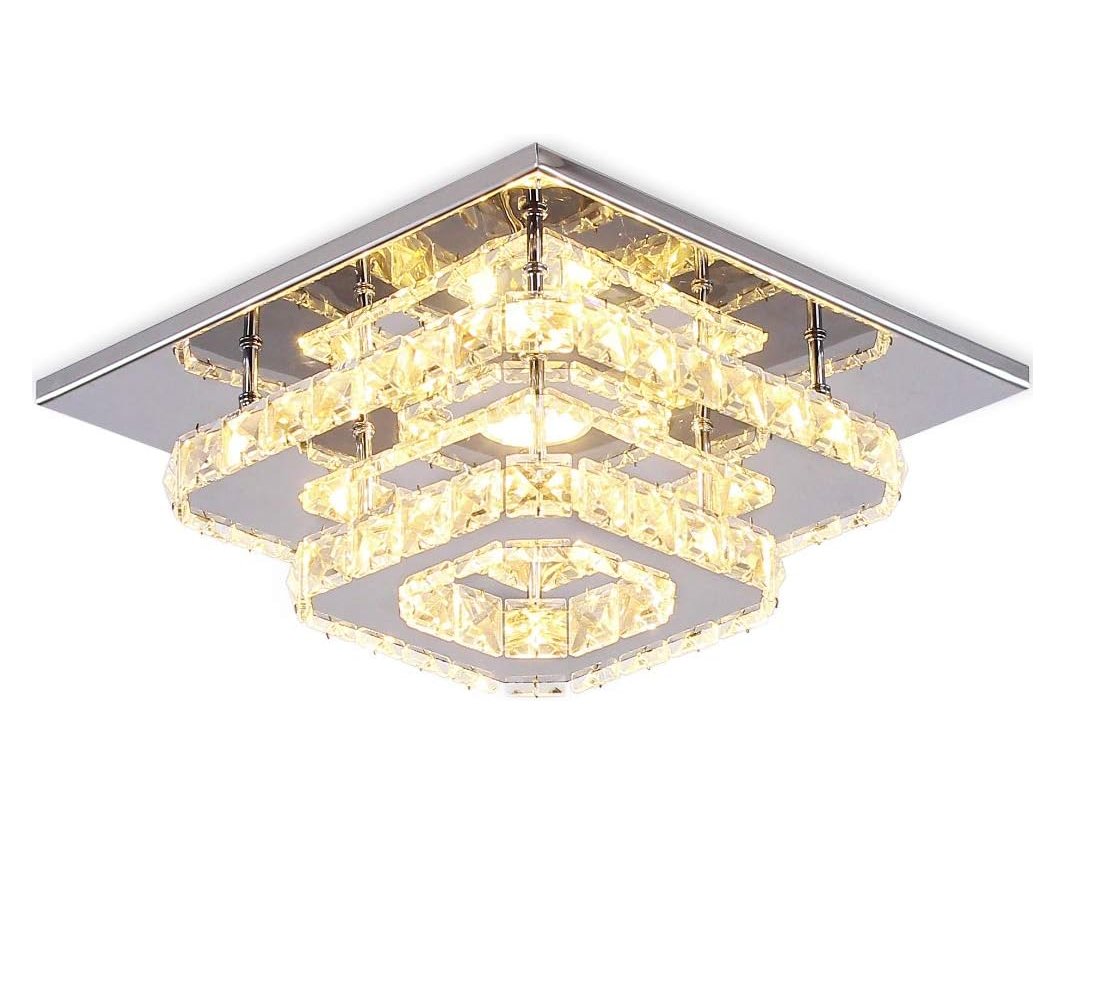 Crystal LED Ceiling Light – Modern K9 Crystal Chandelier, Stainless Steel Flush Mount Fixture for Dining & Living Room