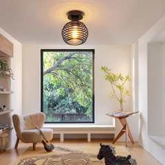 Vintage Black Ceiling Light – E27 Industrial Cage Semi Flush Mount Fixture for Hallway & Kitchen