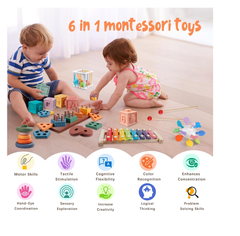 Aliex 6-in-1 Montessori Baby Toy – Stacking Rings, Blocks, Shape Sorter & Xylophone, 12+ Months