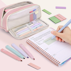 Aesthetic Stationery Set with Pink Case – 12 Pastel Highlighters, Pens & Notes