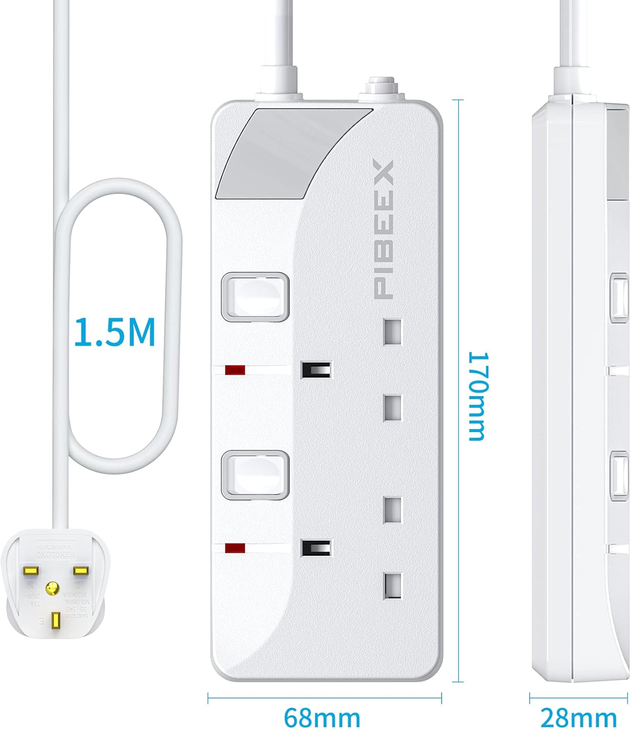 2 Way Extension Lead with Individual Switches, 1.5M Cable, Wall Mountable