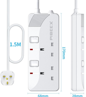 2 Way Extension Lead with Individual Switches, 1.5M Cable, Wall Mountable