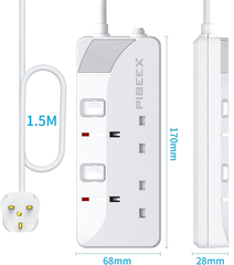 2 Way Extension Lead with Individual Switches, 1.5M Cable, Wall Mountable