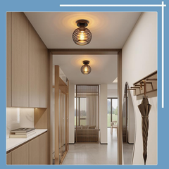 Vintage Black Ceiling Light – E27 Industrial Cage Semi Flush Mount Fixture for Hallway & Kitchen