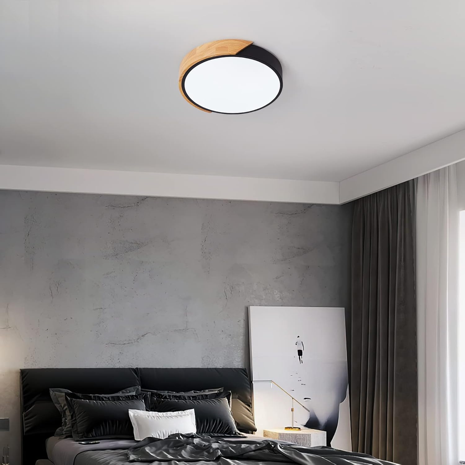 Modern LED Ceiling Light 24W, Oak & Iron Frame, 1600LM Cool White 6000K, Ideal for Living Room & Hallway
