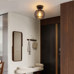 Vintage Black Ceiling Light – E27 Industrial Cage Semi Flush Mount Fixture for Hallway & Kitchen