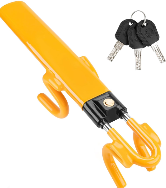 Universal Twin Bar Steering Wheel Lock – Heavy-Duty Adjustable Car Anti-Theft Device with 3 Keys (Yellow)