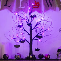 2FT Black Halloween Tree with Bats & Purple Lights
