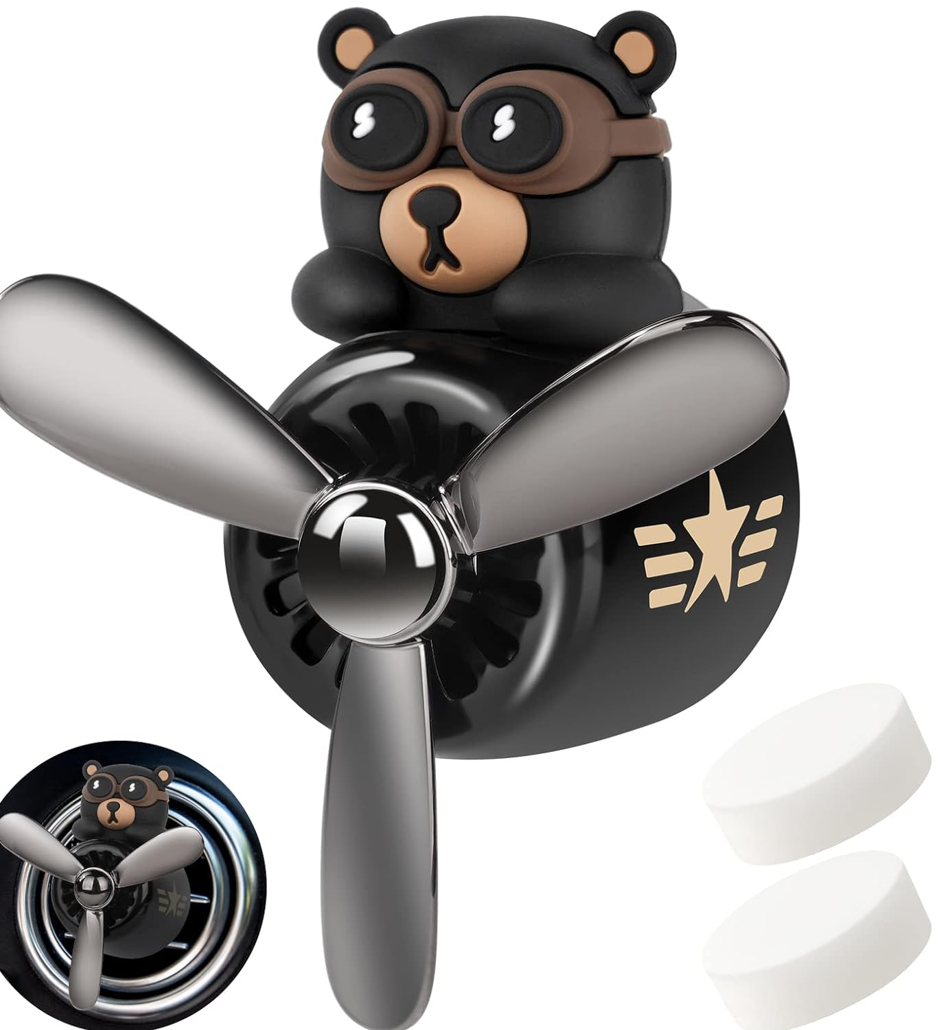 Bear Pilot Retro Airplane Car Air Freshener – Rotating Propeller Vent Clip with Fragrance Tablets (Black)