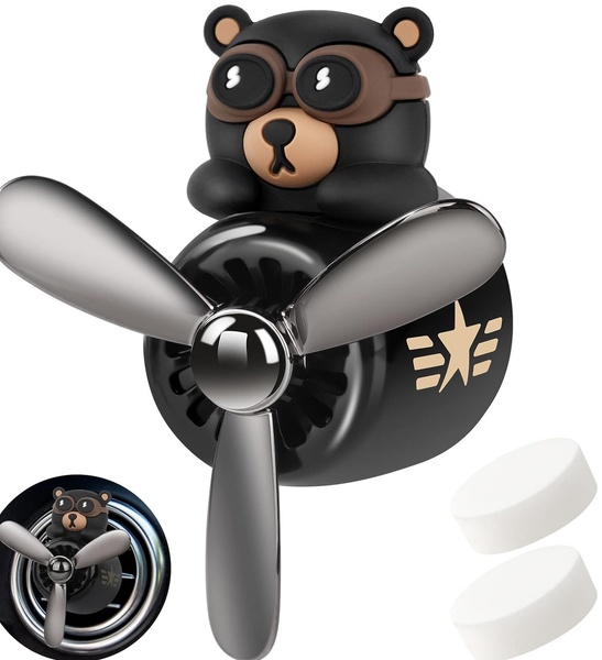 Bear Pilot Retro Airplane Car Air Freshener – Rotating Propeller Vent Clip with Fragrance Tablets (Black)