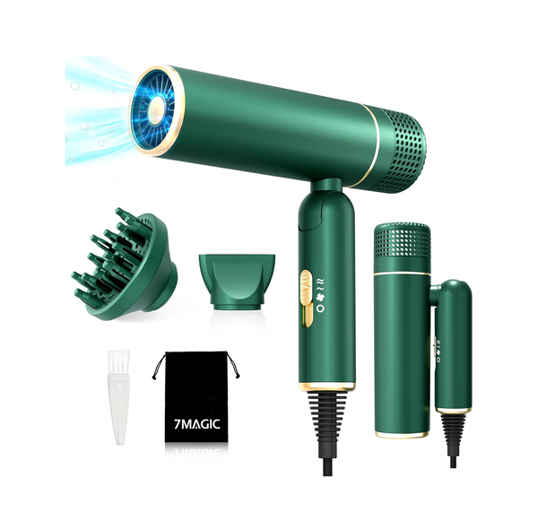 Ionic Hair Dryer – Foldable Lightweight Blow Dryer with Diffuser for Smooth Styling (Green)
