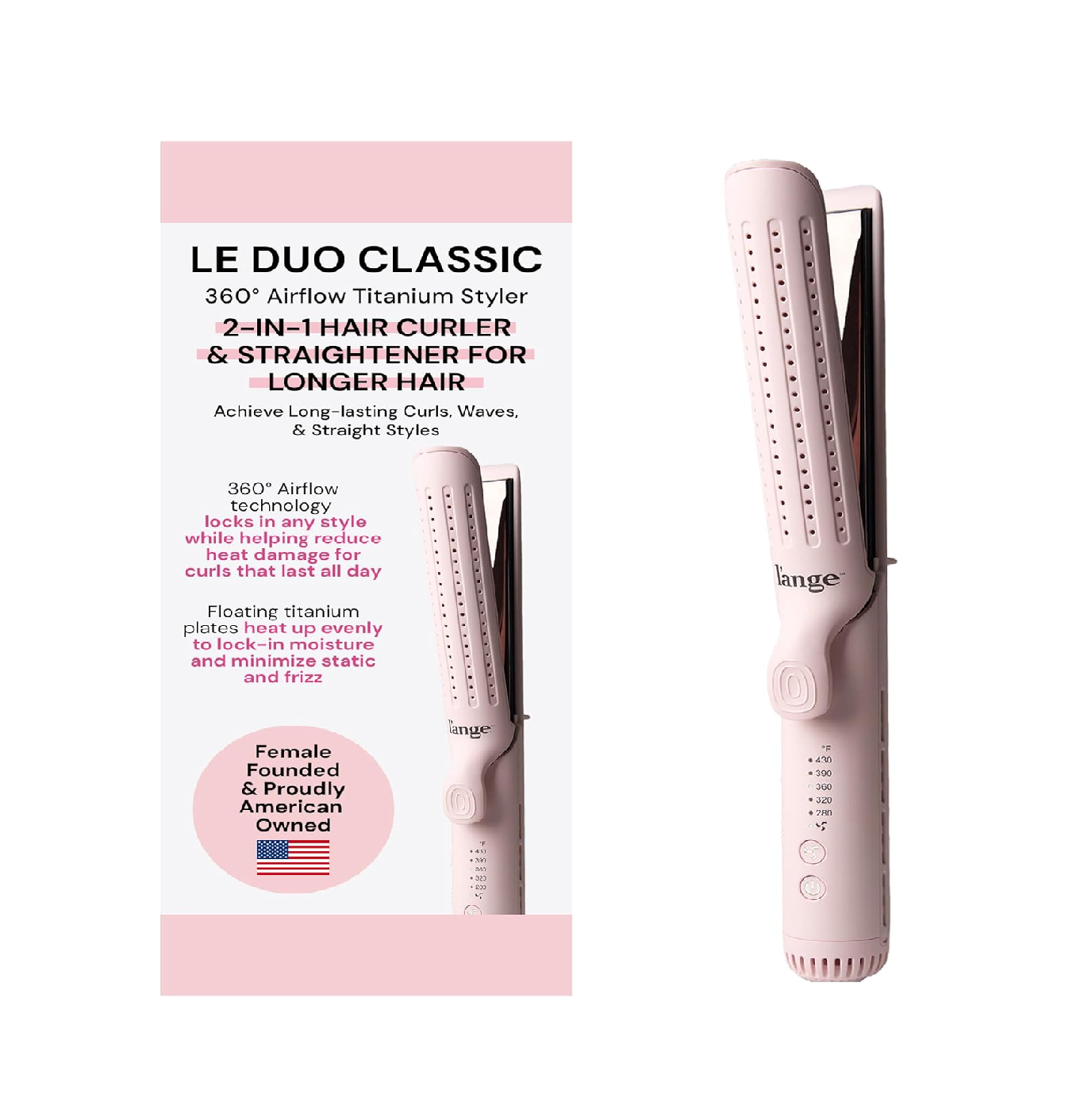 2-in-1 Hair Straightener & Curler – Titanium Flat Iron with Cooling Air Vents (Blush)