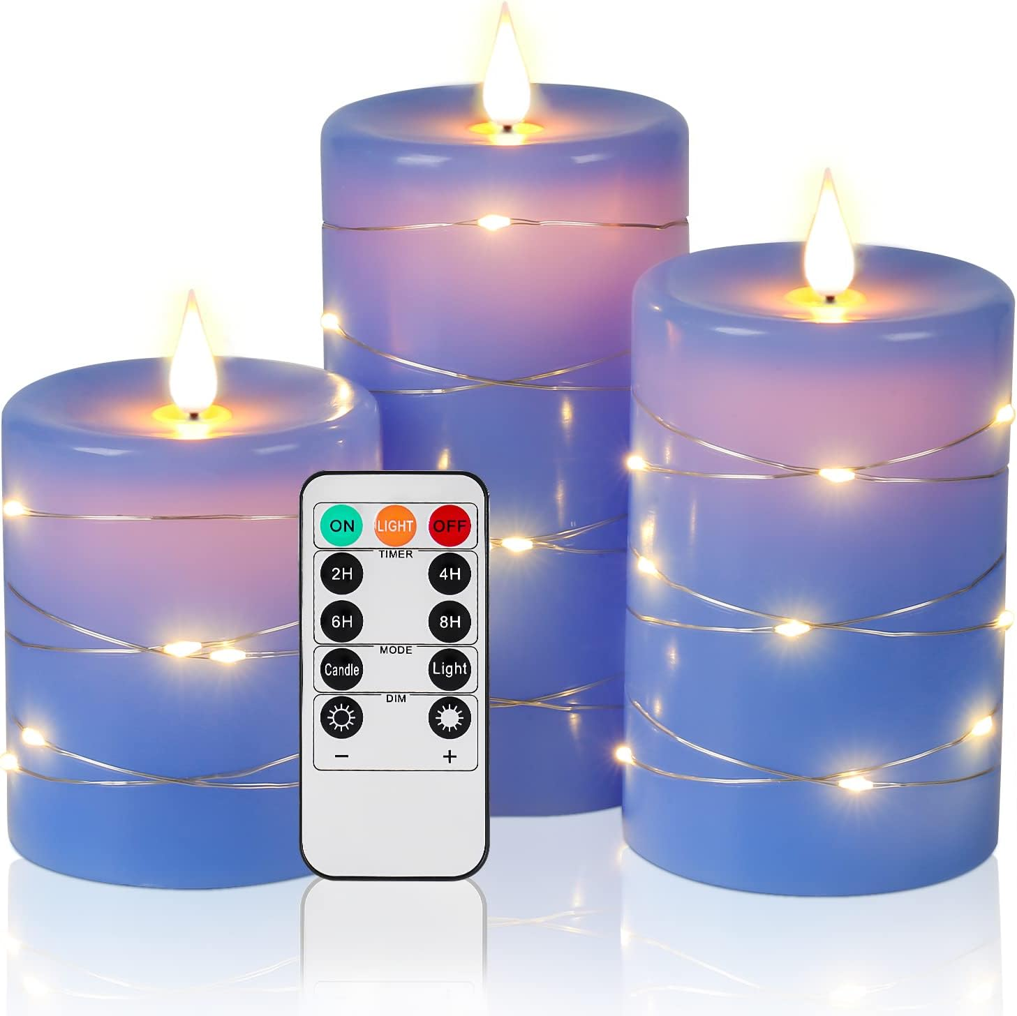 Flameless LED Candles with Starry String Lights – 3-Pack Real Wax, Remote & Timer Function