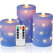 Flameless LED Candles with Starry String Lights – 3-Pack Real Wax, Remote & Timer Function