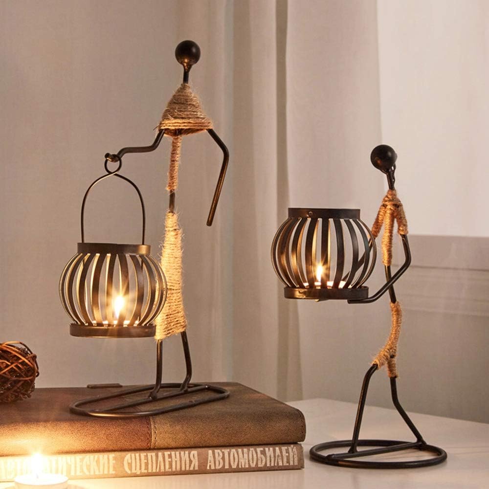 Retro Black Iron Little Girl Candle Holders Set