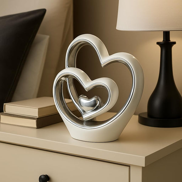 Silver Double Heart Ceramic Ornament for Modern Home Décor